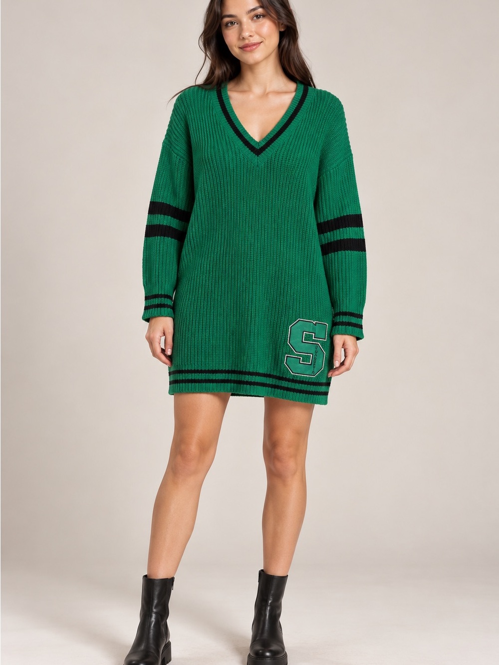 Slytherin Green V-Neck Knit Mini Dress with Black Stripe Detail